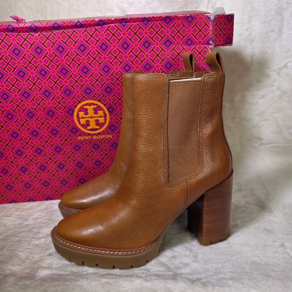 Tory Burch Carson Lug 70mm Bootie Toasted Caramel Brown Women 8.5 Excellent